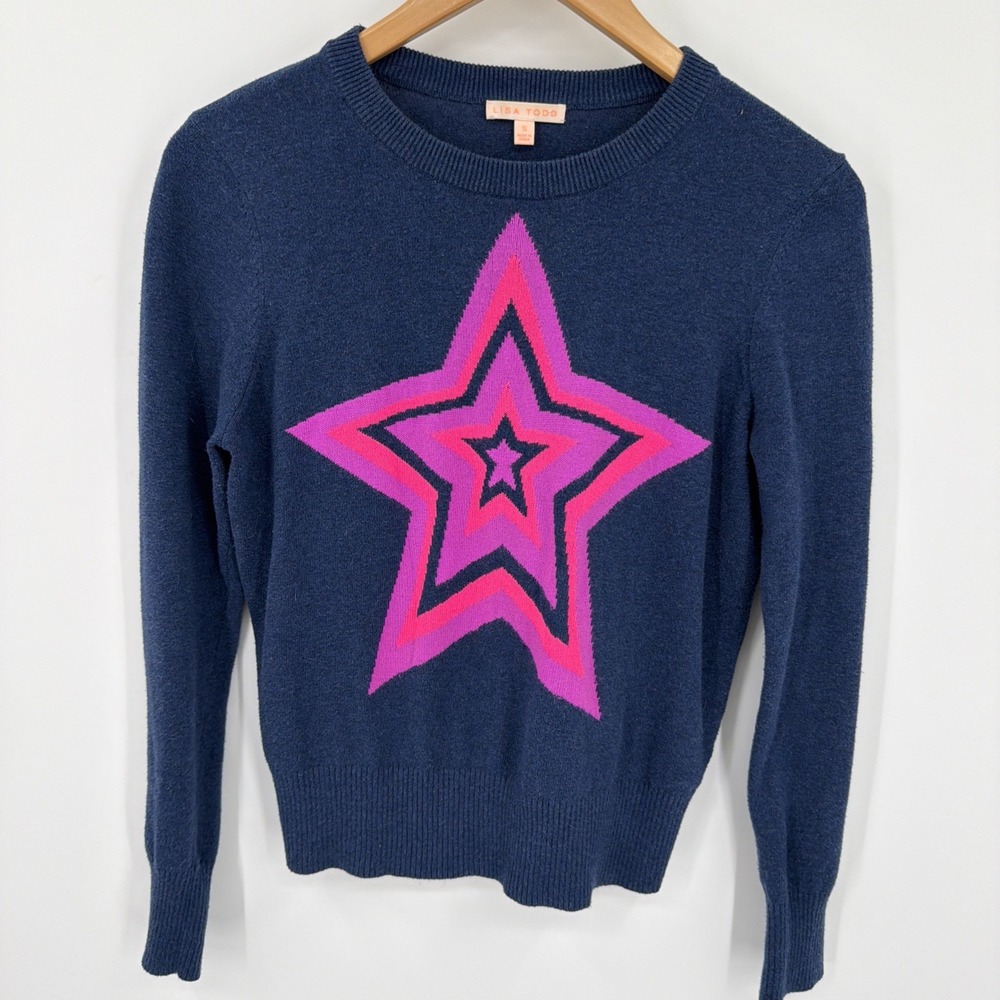 Lisa Todd Navy Pink Star Colorful Sz S Point Taken Knit Cotton Sweater Intarsia